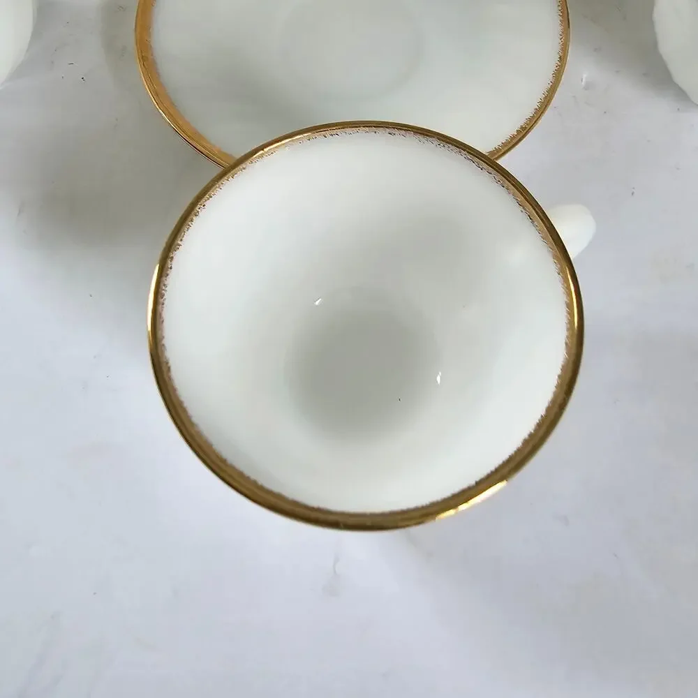 Vintage Fire King Cups Saucers GOLDEN ANNIVERSARY Swirl Gold Rim Set of 4 1950s